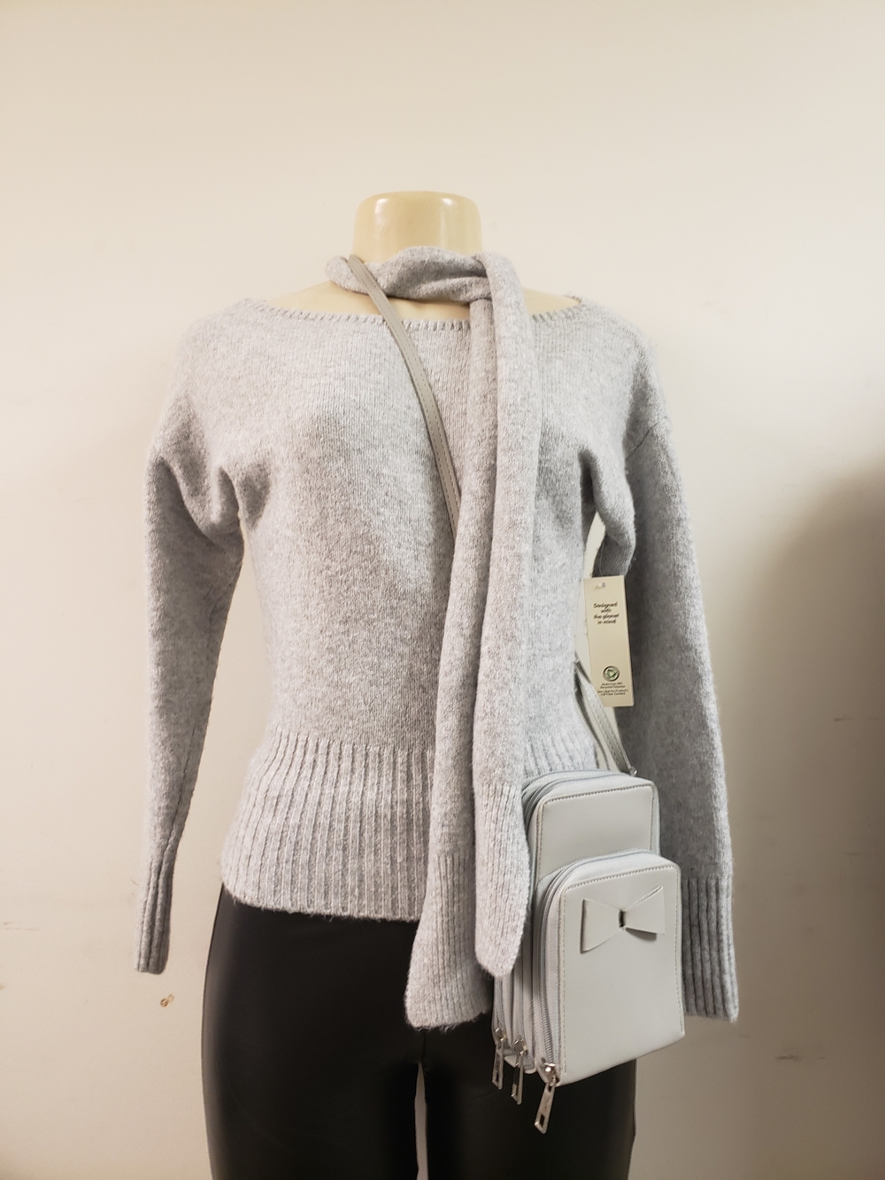 No Boundaries Light Gray Knit Sweater with Crossbody Bag